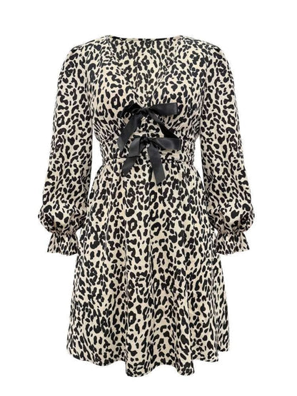 Leopard V-Neck Dress with Flounce Sleeves