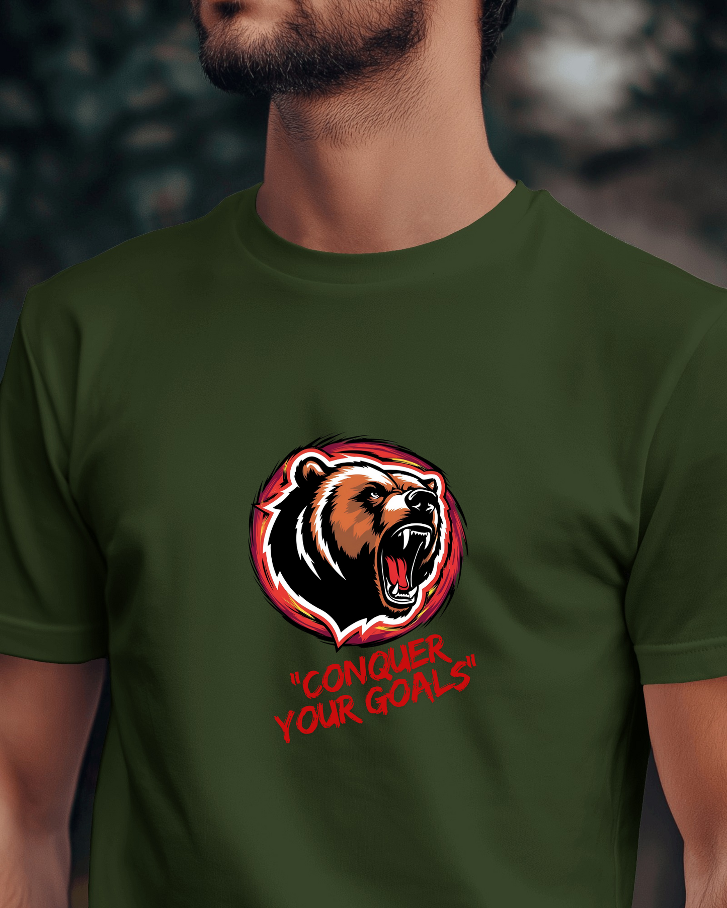 Motivational Bear Graphic Tee - 'Conquer Your Goals' Men Heavy Cotton Shirt