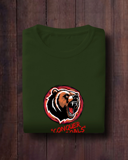 Motivational Bear Graphic Tee - 'Conquer Your Goals' Men Heavy Cotton Shirt