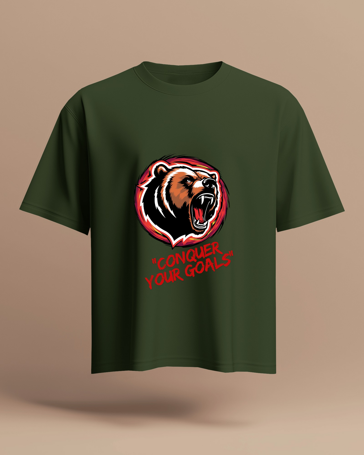 Motivational Bear Graphic Tee - 'Conquer Your Goals' Men Heavy Cotton Shirt