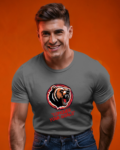 Motivational Bear Graphic Tee - 'Conquer Your Goals' Men Heavy Cotton Shirt