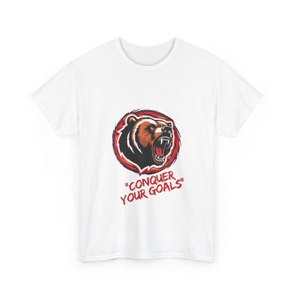 Motivational Bear Graphic Tee - 'Conquer Your Goals' Men Heavy Cotton Shirt