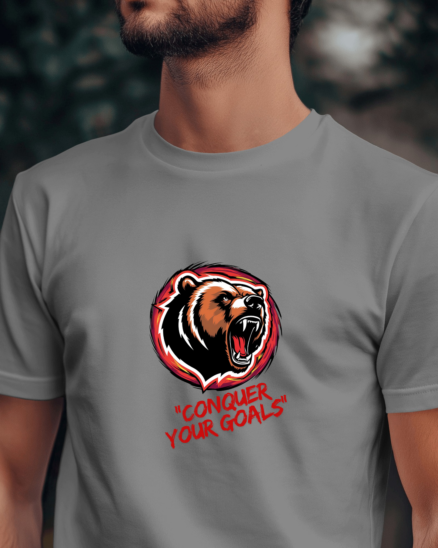 Motivational Bear Graphic Tee - 'Conquer Your Goals' Men Heavy Cotton Shirt