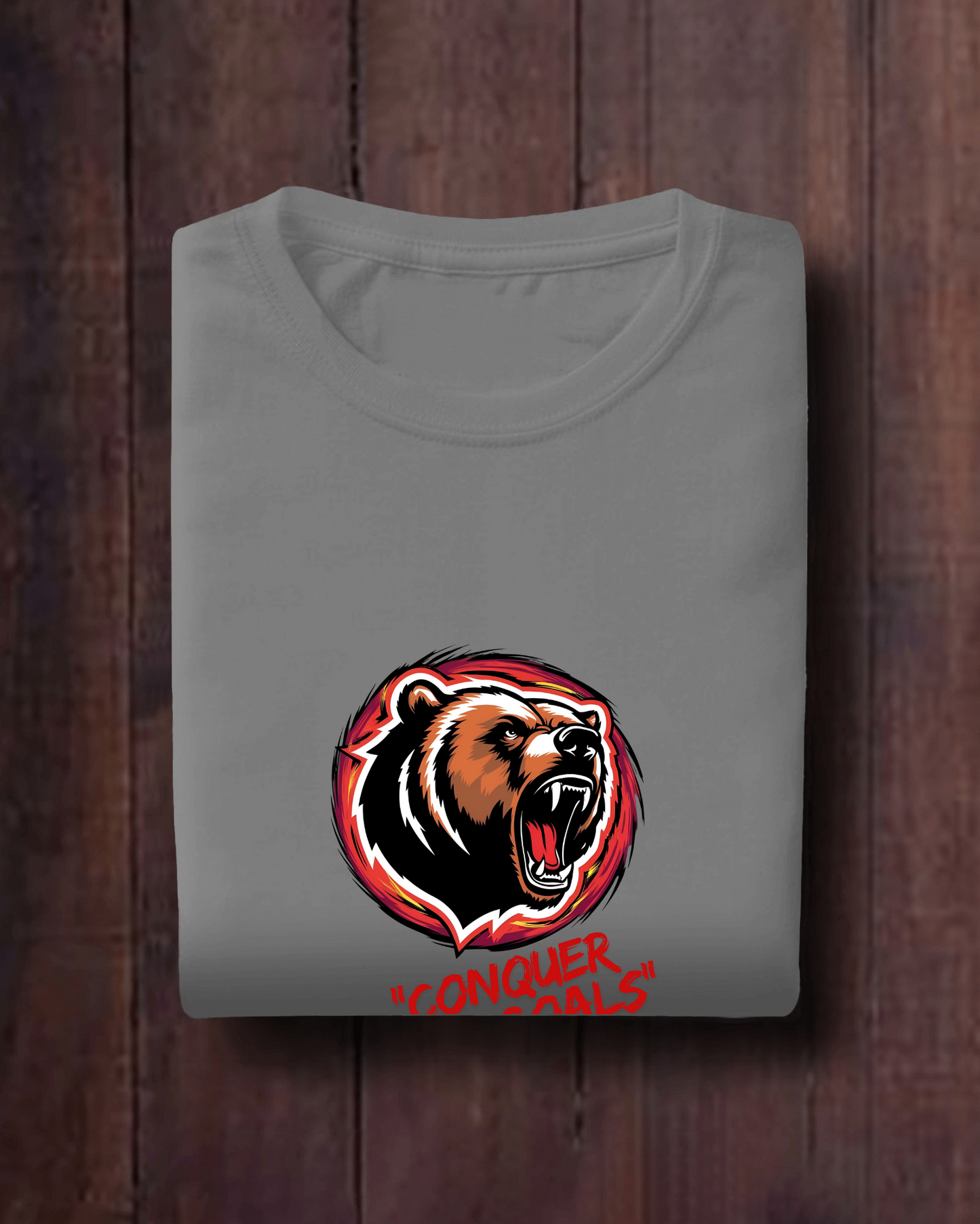 Motivational Bear Graphic Tee - 'Conquer Your Goals' Men Heavy Cotton Shirt