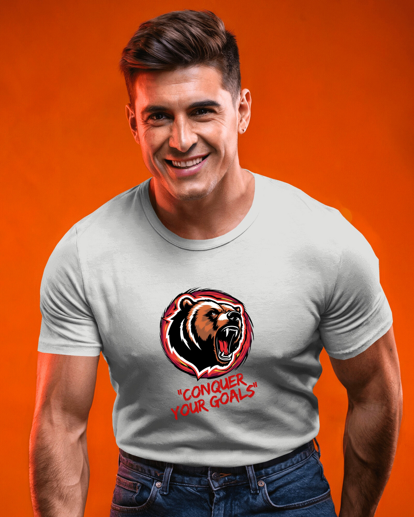 Motivational Bear Graphic Tee - 'Conquer Your Goals' Men Heavy Cotton Shirt