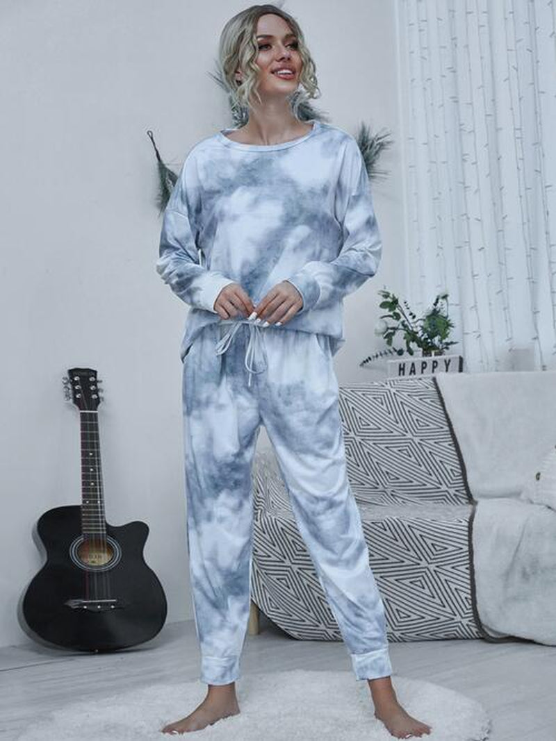 Shiny Tie-Dye round Neck Top and Drawstring Pants Lounge Set