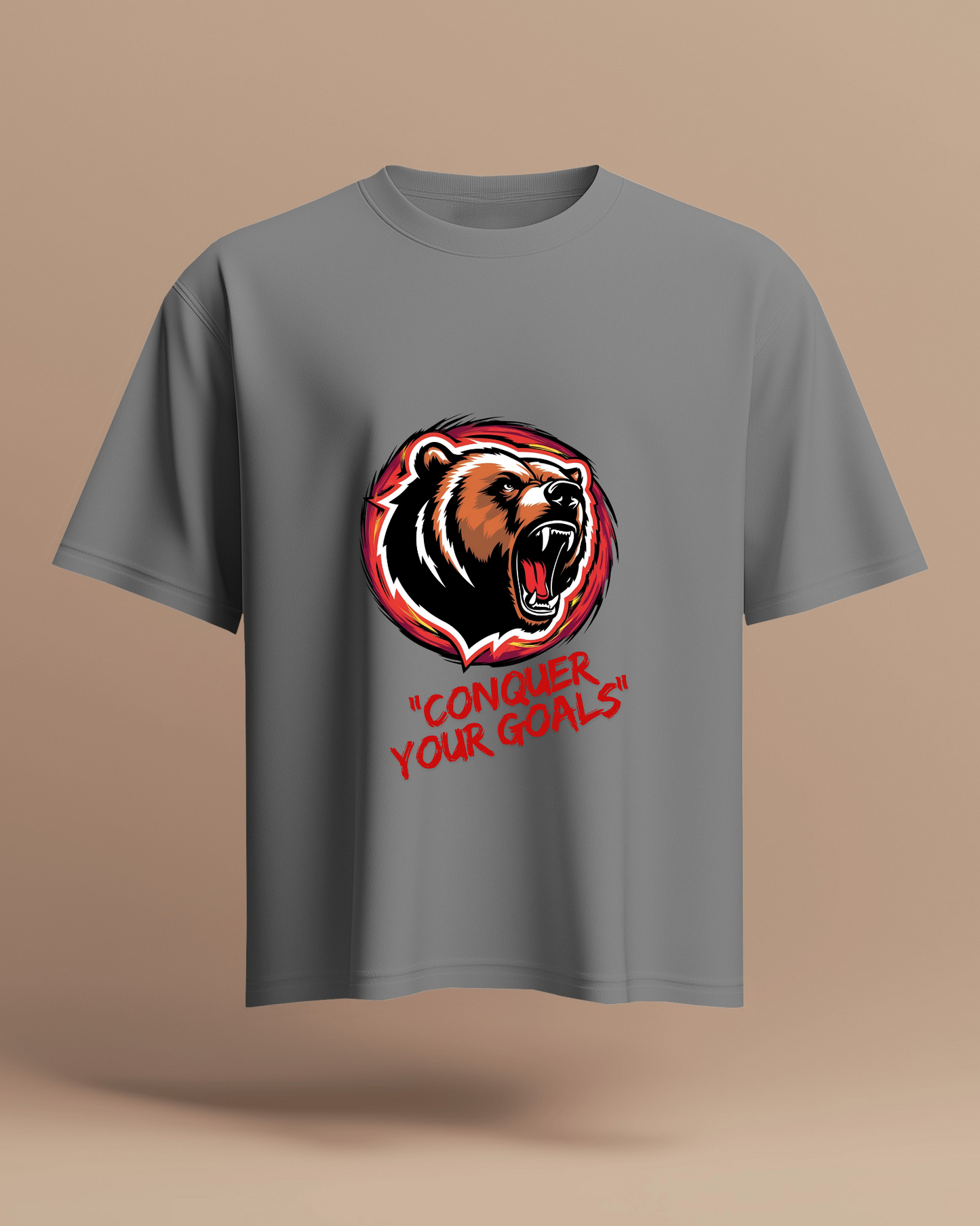 Motivational Bear Graphic Tee - 'Conquer Your Goals' Men Heavy Cotton Shirt