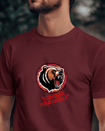 Motivational Bear Graphic Tee - 'Conquer Your Goals' Men Heavy Cotton Shirt