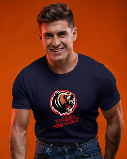 Motivational Bear Graphic Tee - 'Conquer Your Goals' Men Heavy Cotton Shirt