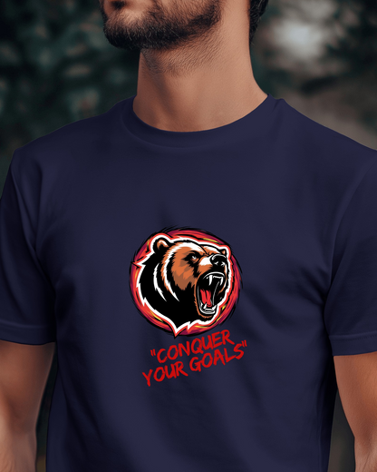 Motivational Bear Graphic Tee - 'Conquer Your Goals' Men Heavy Cotton Shirt