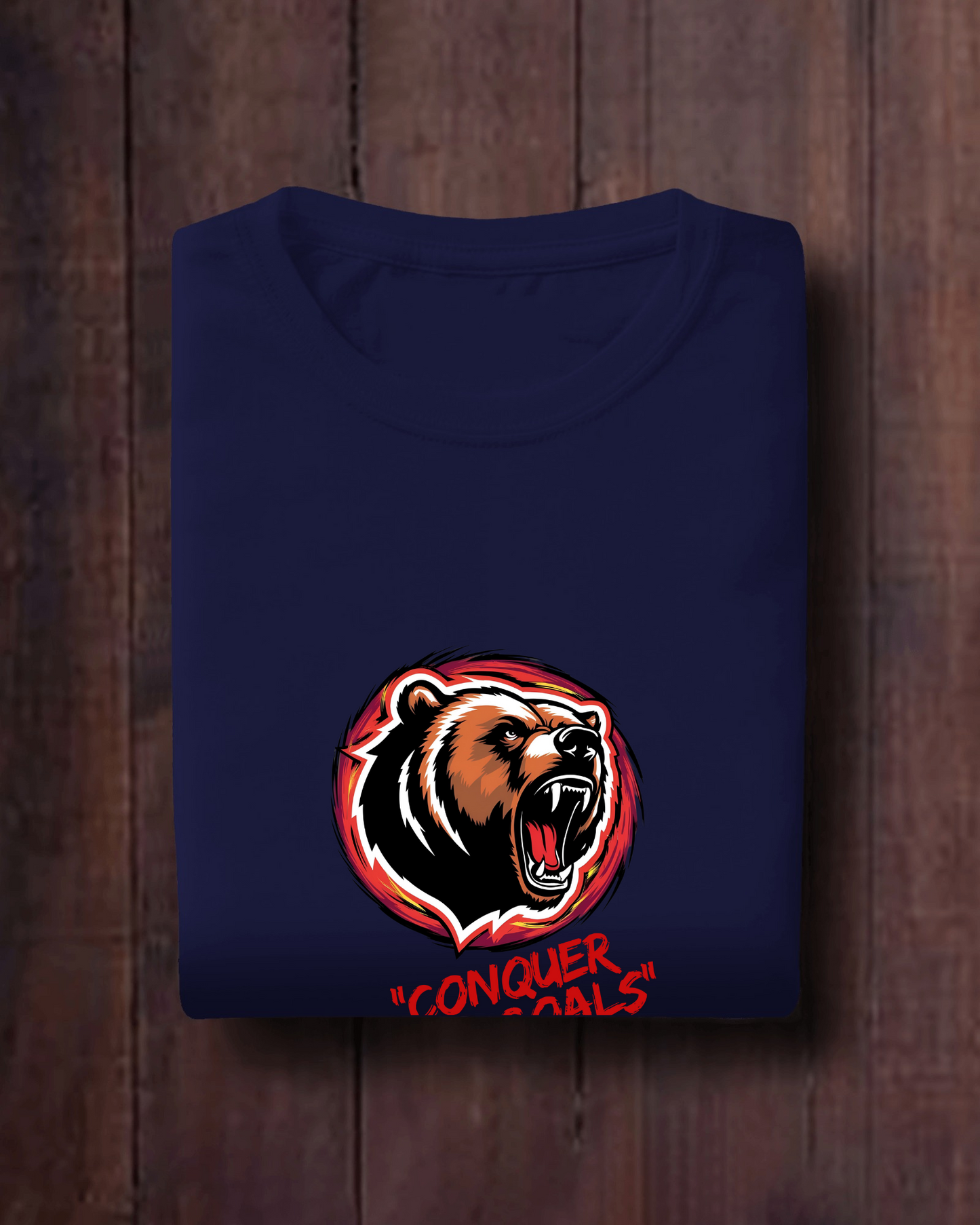 Motivational Bear Graphic Tee - 'Conquer Your Goals' Men Heavy Cotton Shirt