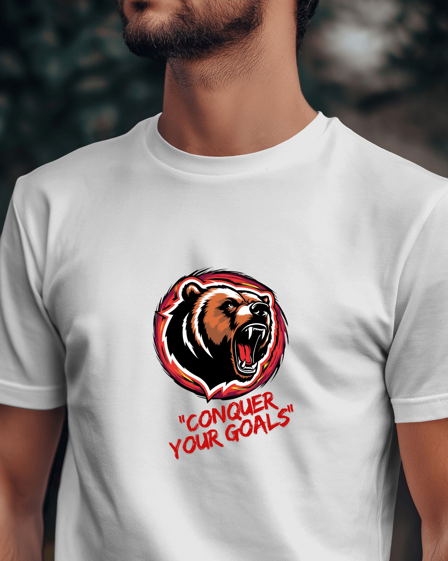 Motivational Bear Graphic Tee - 'Conquer Your Goals' Men Heavy Cotton Shirt