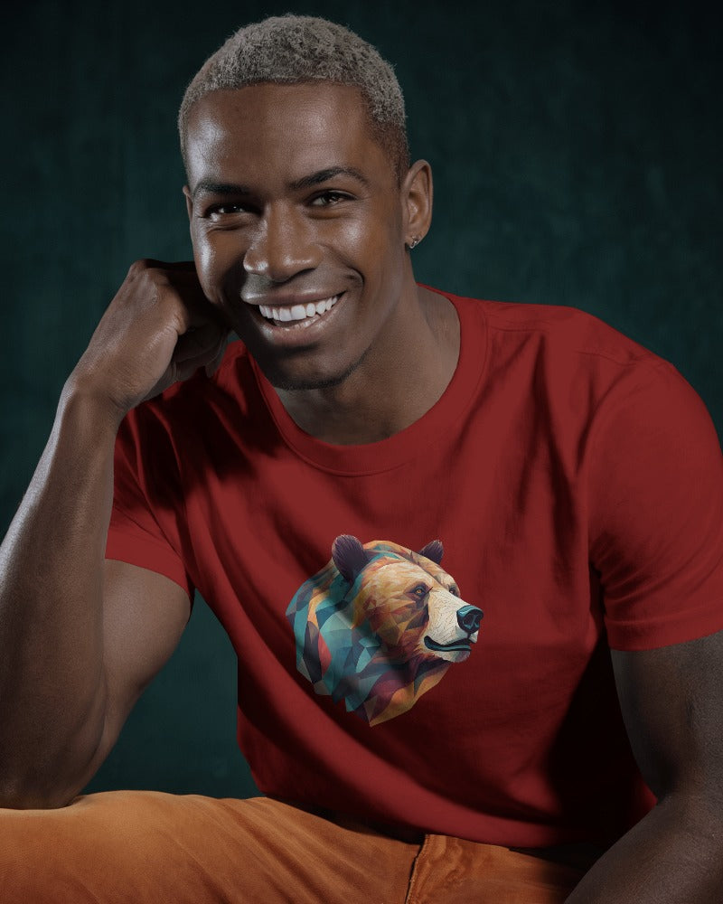 Geometric Bear Men Heavy Cotton Tee - Nature Lover's Graphic T-Shirt