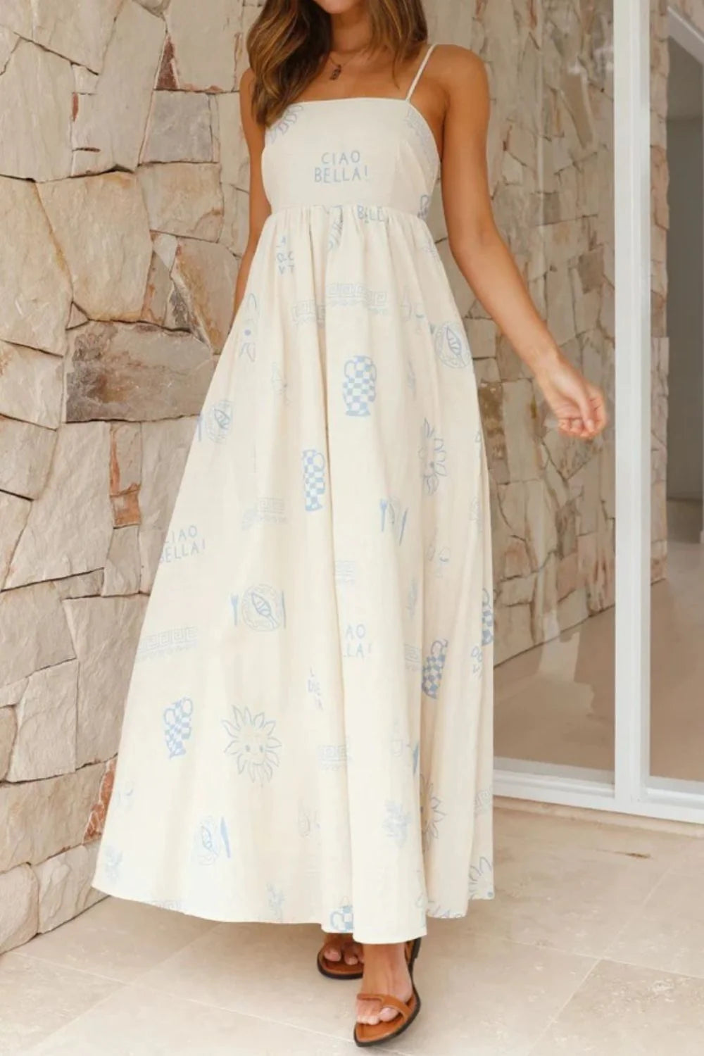 Cutout Back Printed Square Neck Maxi Dress