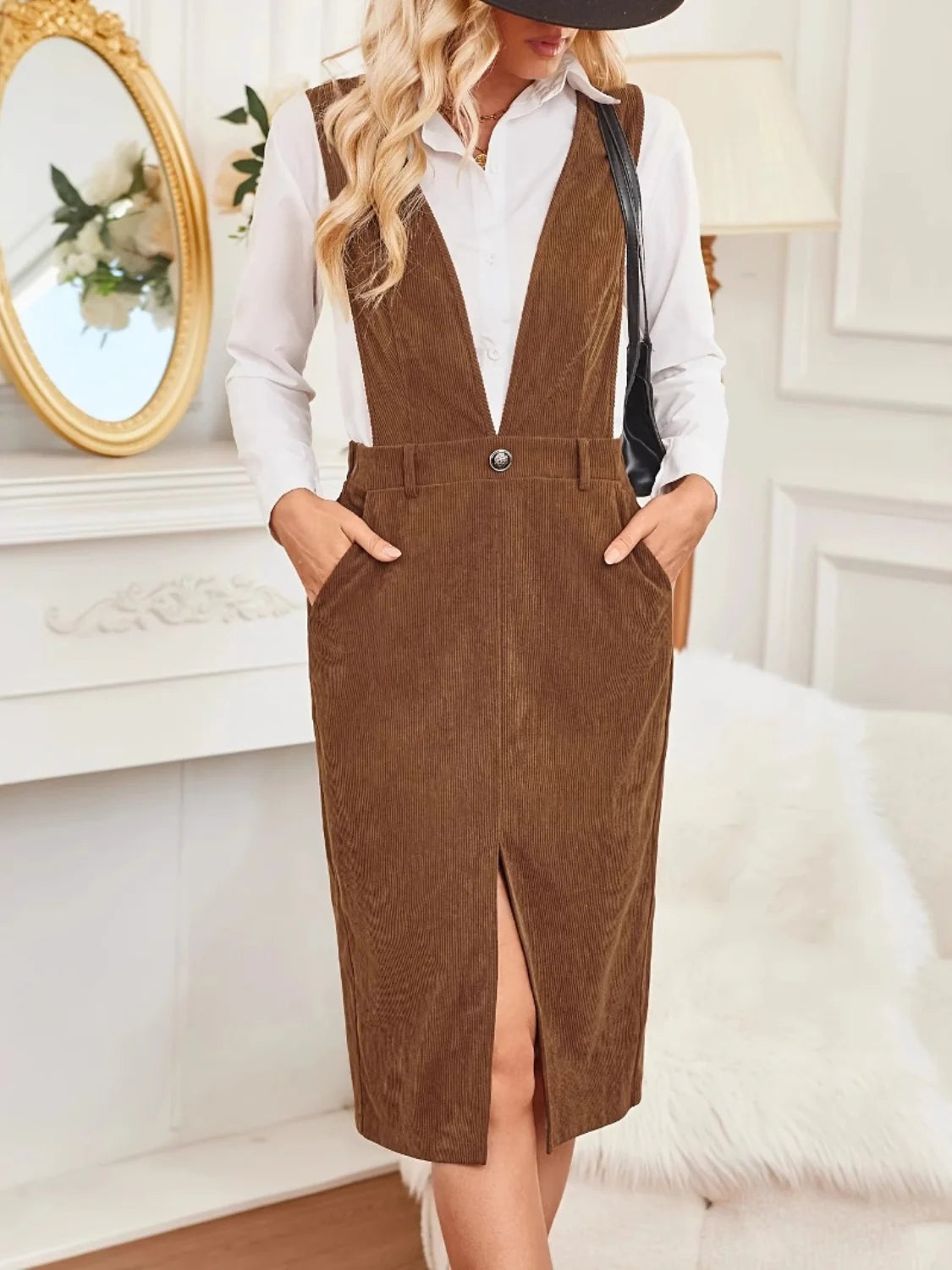 Front Slit Overall Dress with Pockets