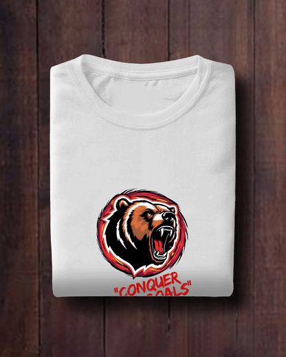 Motivational Bear Graphic Tee - 'Conquer Your Goals' Men Heavy Cotton Shirt