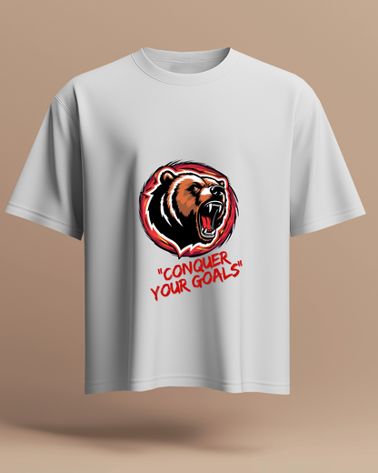 Motivational Bear Graphic Tee - 'Conquer Your Goals' Men Heavy Cotton Shirt