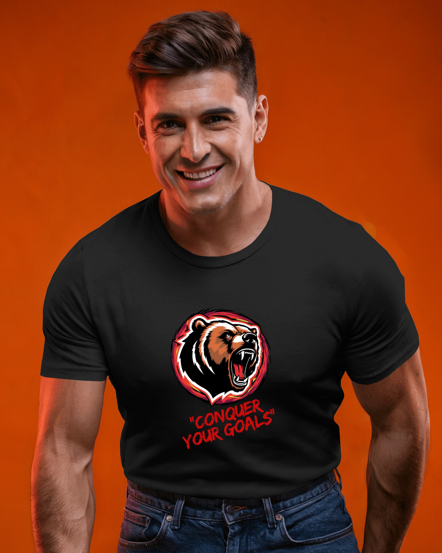 Motivational Bear Graphic Tee - 'Conquer Your Goals' Men Heavy Cotton Shirt