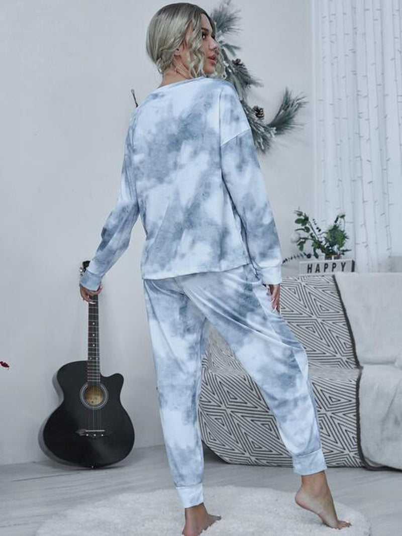 Shiny Tie-Dye round Neck Top and Drawstring Pants Lounge Set