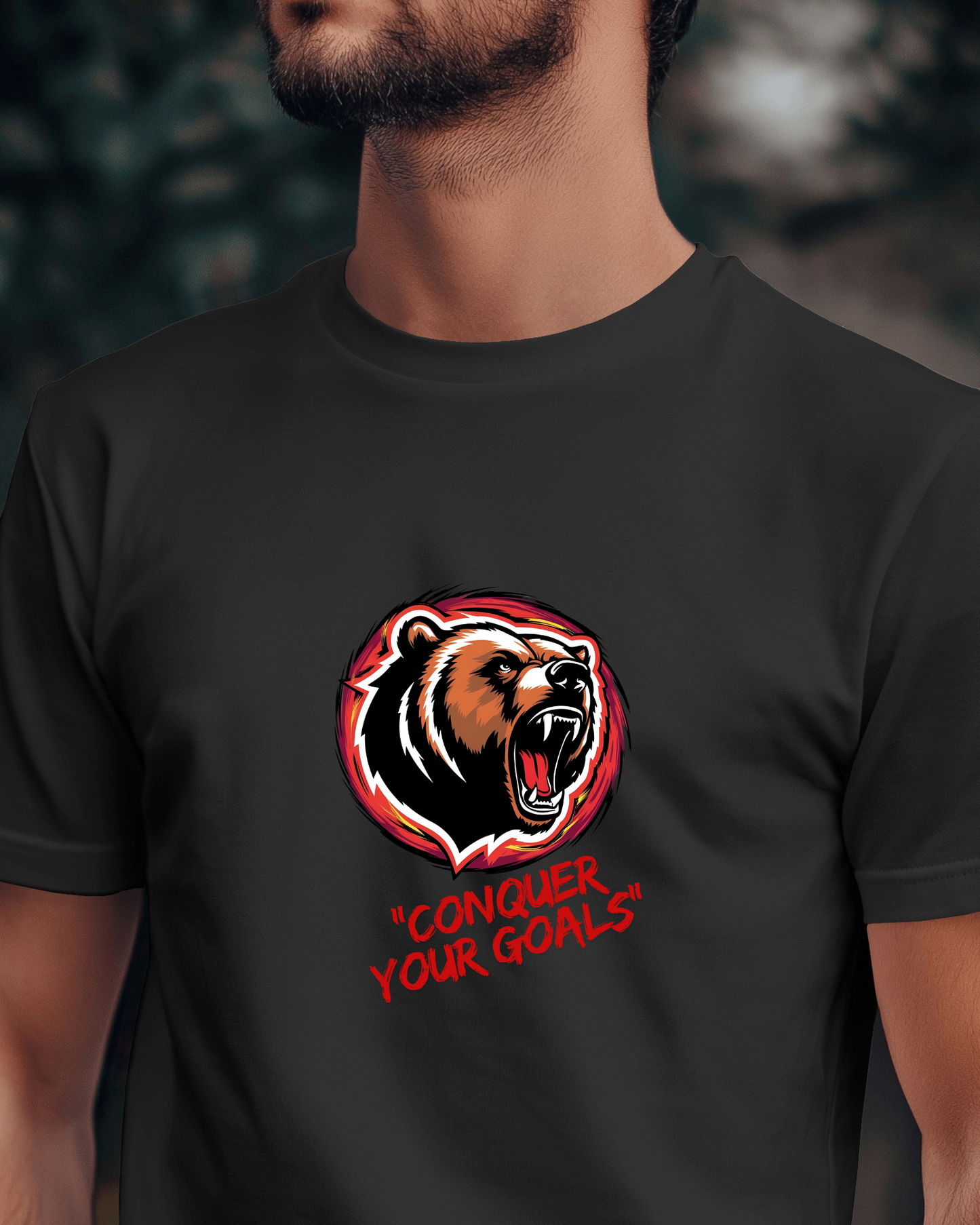 Motivational Bear Graphic Tee - 'Conquer Your Goals' Men Heavy Cotton Shirt