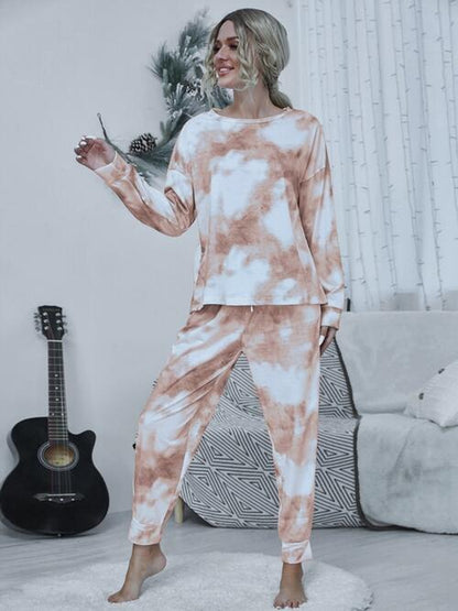 Shiny Tie-Dye round Neck Top and Drawstring Pants Lounge Set