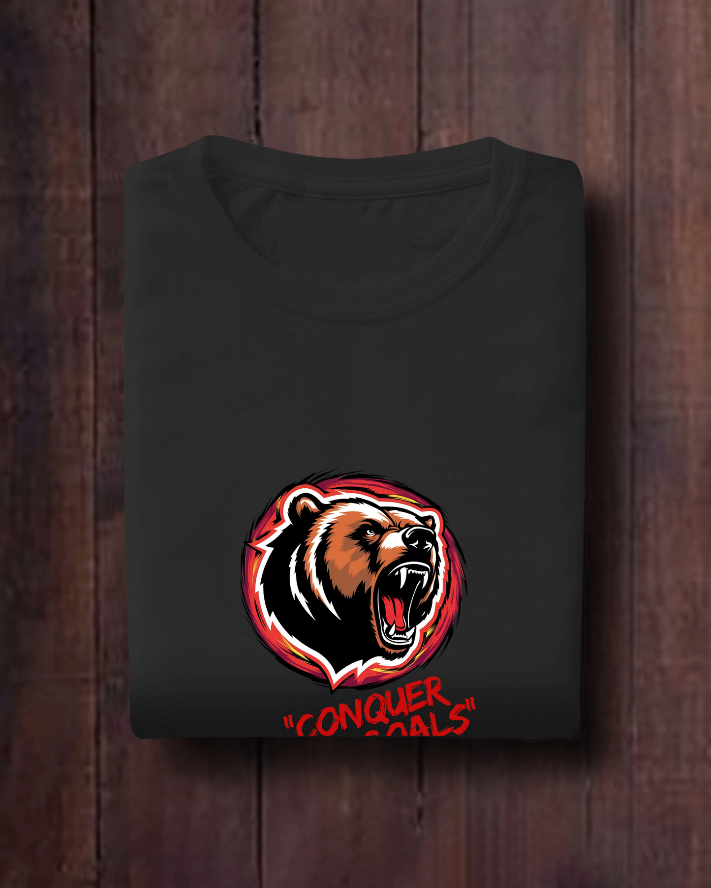 Motivational Bear Graphic Tee - 'Conquer Your Goals' Men Heavy Cotton Shirt