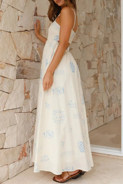 Cutout Back Printed Square Neck Maxi Dress