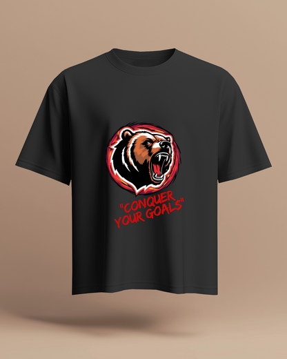 Motivational Bear Graphic Tee - 'Conquer Your Goals' Men Heavy Cotton Shirt