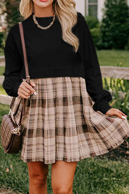 Plaid round Neck Long Sleeve Mini Dress