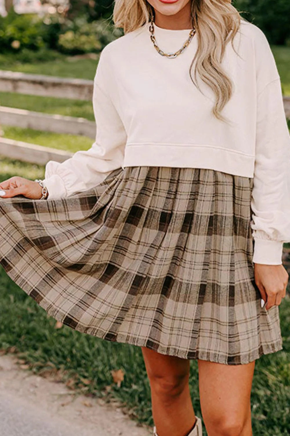 Plaid round Neck Long Sleeve Mini Dress