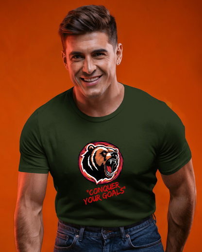 Motivational Bear Graphic Tee - 'Conquer Your Goals' Men Heavy Cotton Shirt