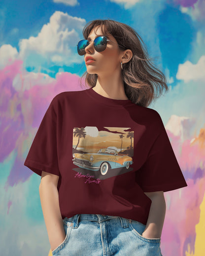 Women Summer Heavy Cotton Tee- Retro Sunset Adventure Awaits Exclusive T-Shirt