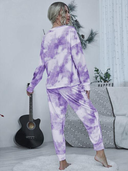 Shiny Tie-Dye round Neck Top and Drawstring Pants Lounge Set