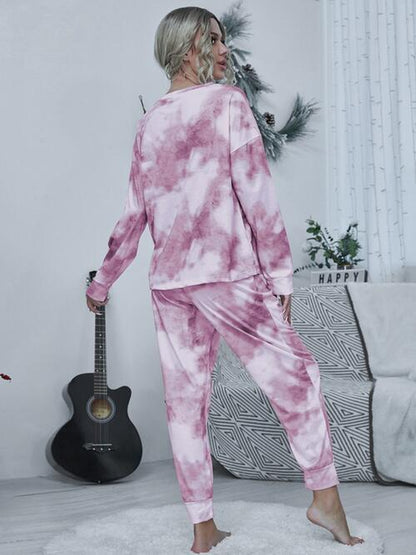 Shiny Tie-Dye round Neck Top and Drawstring Pants Lounge Set