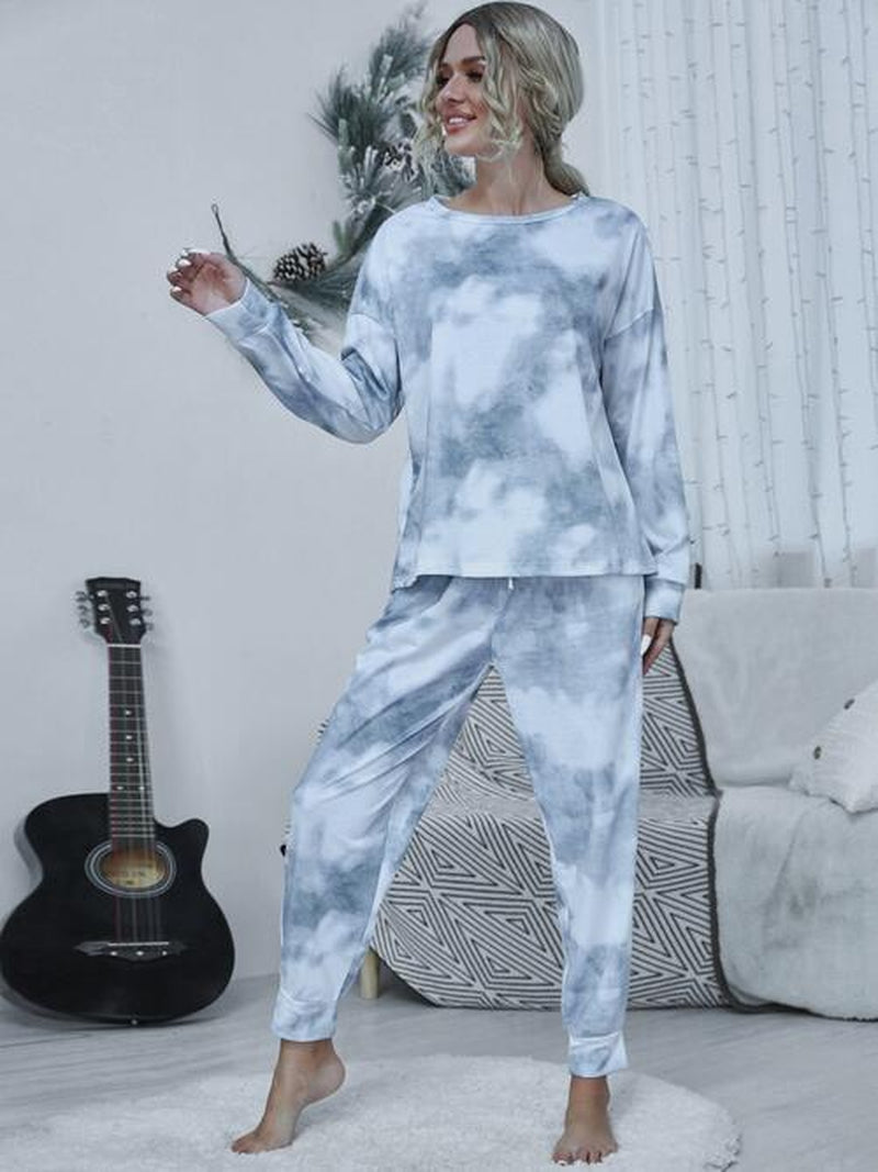 Shiny Tie-Dye round Neck Top and Drawstring Pants Lounge Set