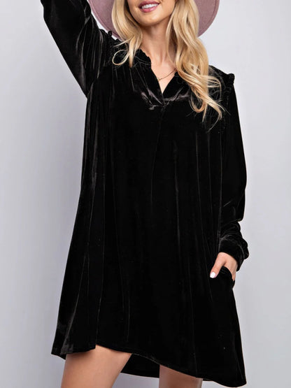 Frill Notched Long Sleeve Dress with Pockets