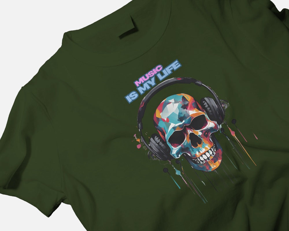 Music Is My Life Men Heavy Cotton Tee - Colorful Skull Design RaymaxUS Exclusives