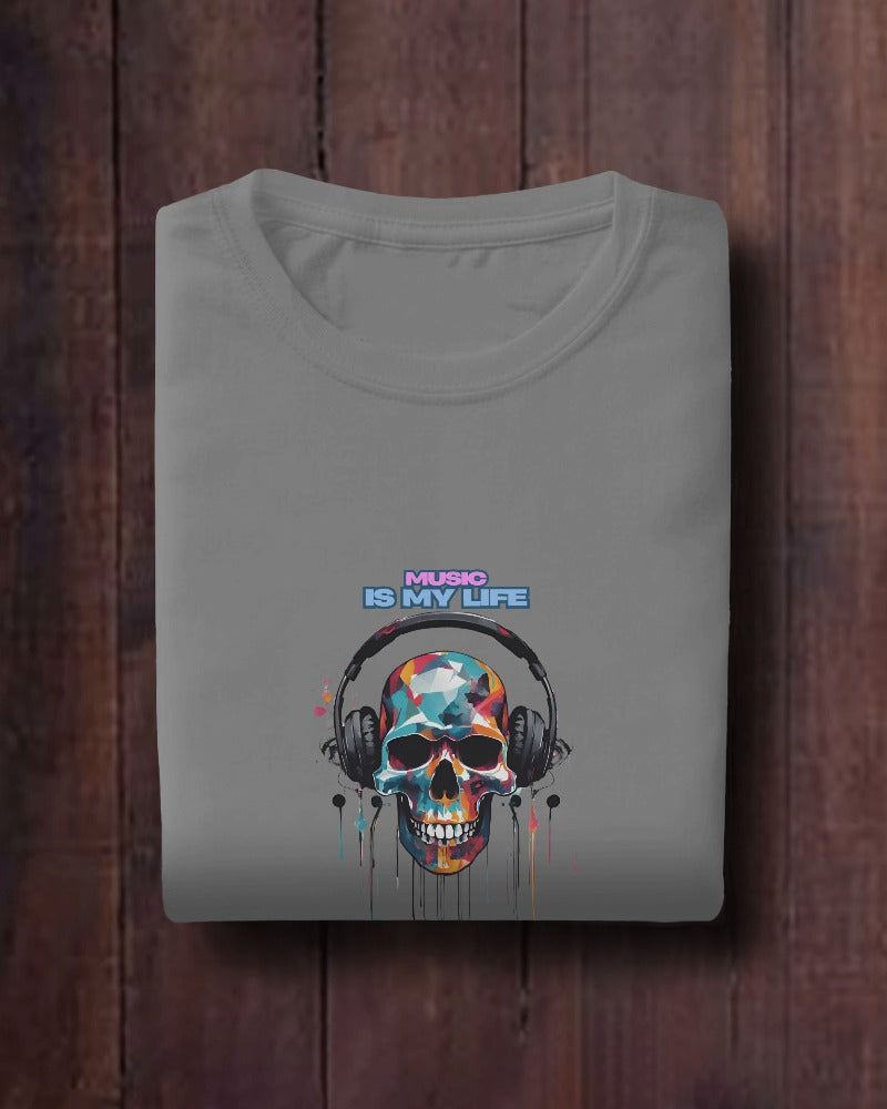 Music Is My Life Men Heavy Cotton Tee - Colorful Skull Design RaymaxUS Exclusives