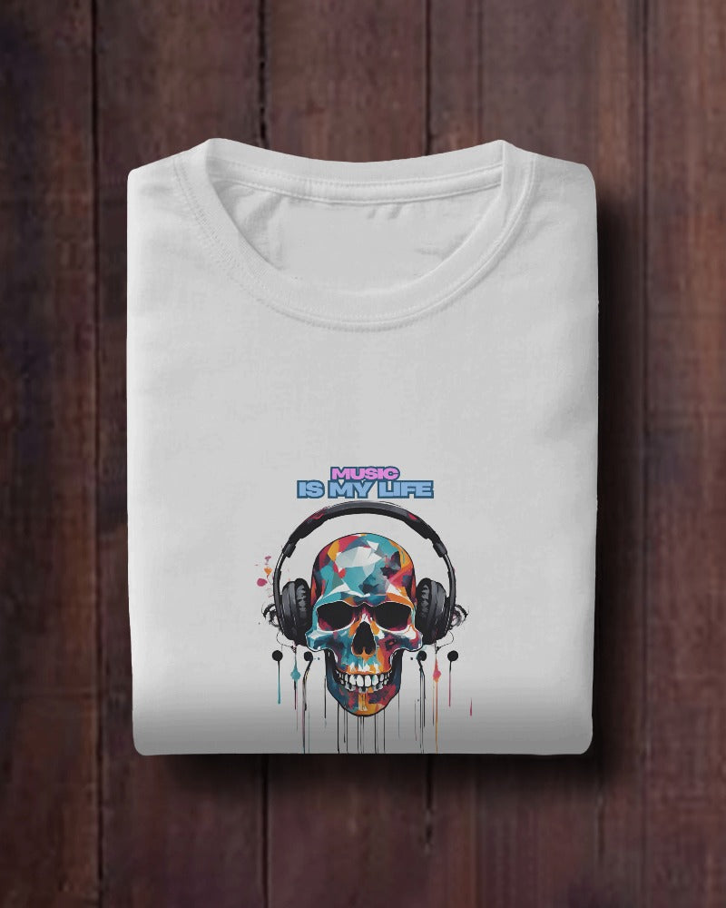 Music Is My Life Men Heavy Cotton Tee - Colorful Skull Design RaymaxUS Exclusives
