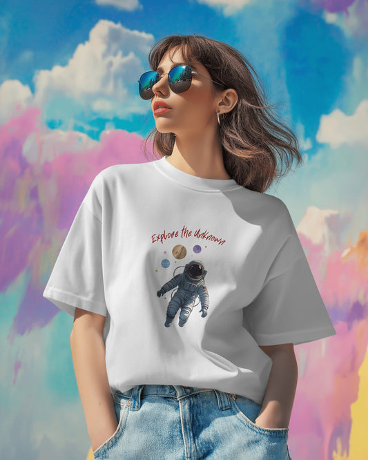 Explore the Unknown Women Heavy Cotton Tee - Astronaut Graphic Shirt