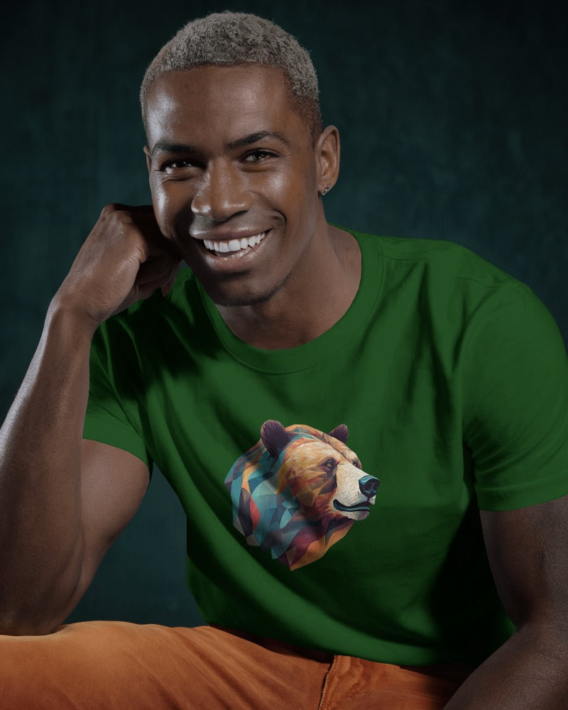 Geometric Bear Men Heavy Cotton Tee - Nature Lover's Graphic T-Shirt