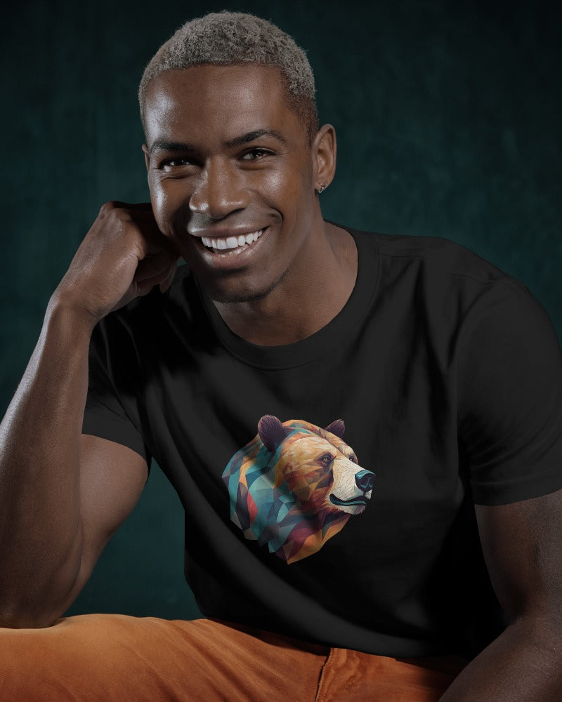 Geometric Bear Men Heavy Cotton Tee - Nature Lover's Graphic T-Shirt