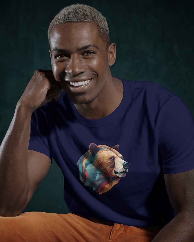 Geometric Bear Men Heavy Cotton Tee - Nature Lover's Graphic T-Shirt