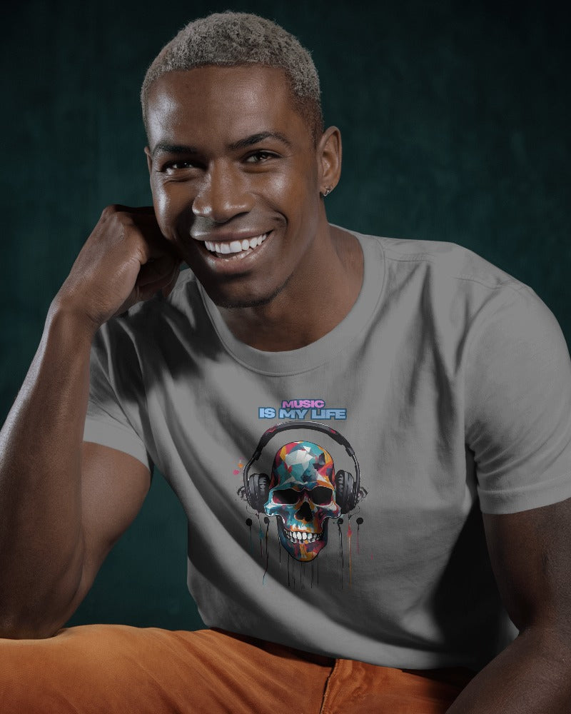 Music Is My Life Men Heavy Cotton Tee - Colorful Skull Design RaymaxUS Exclusives