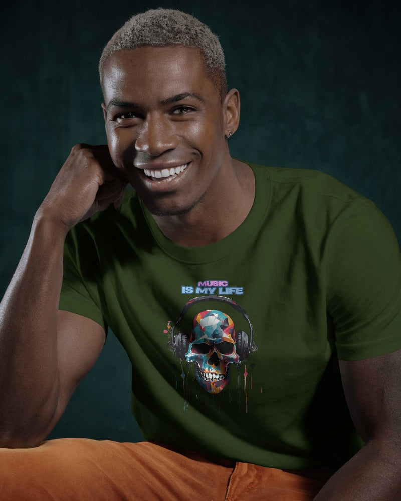 Music Is My Life Men Heavy Cotton Tee - Colorful Skull Design RaymaxUS Exclusives