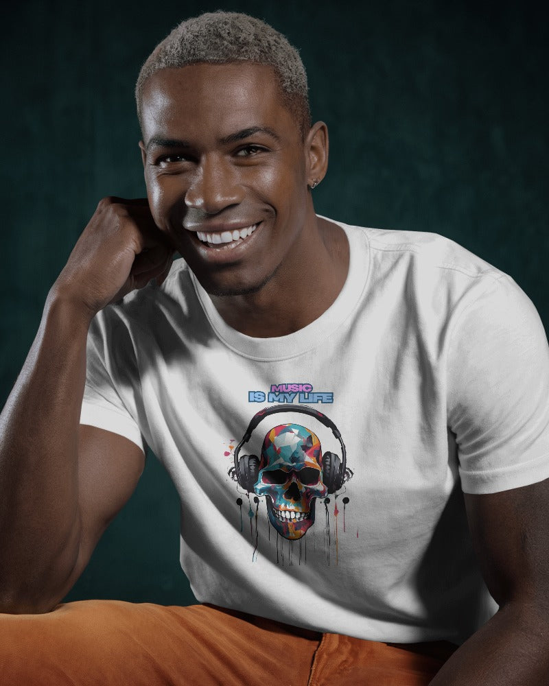Music Is My Life Men Heavy Cotton Tee - Colorful Skull Design RaymaxUS Exclusives