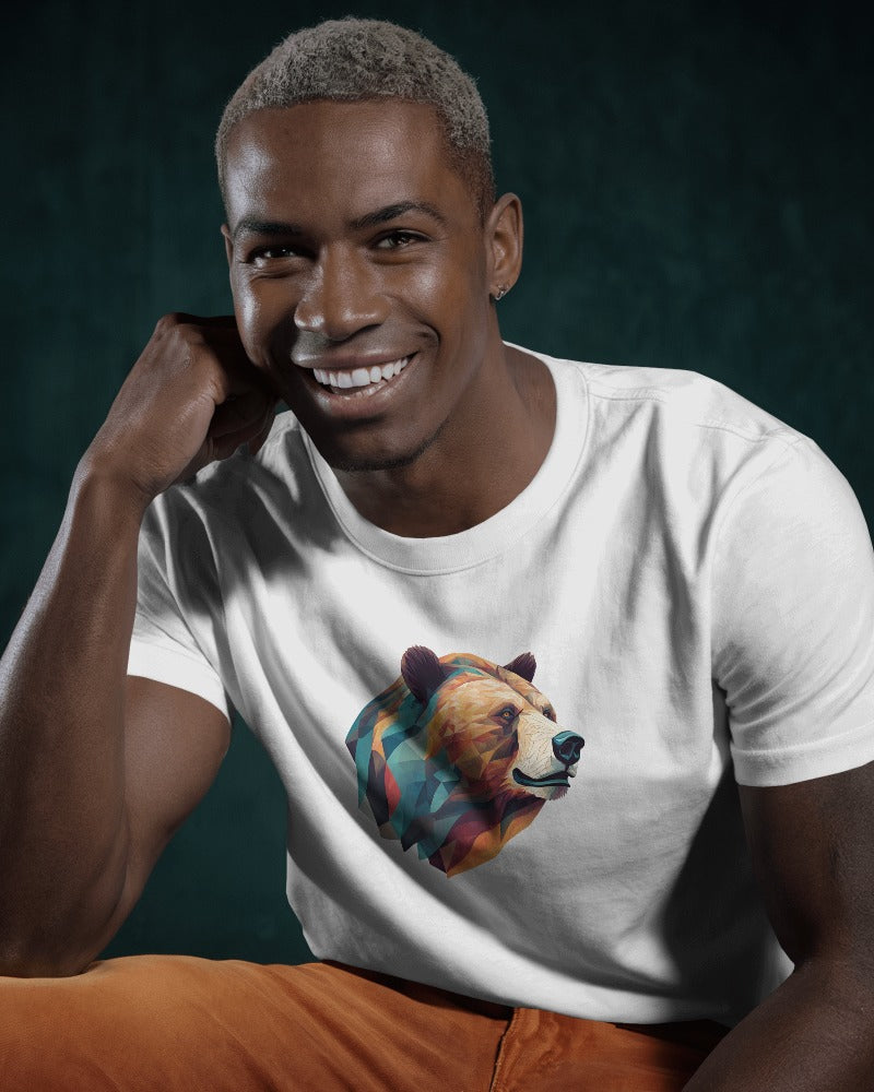 Geometric Bear Men Heavy Cotton Tee - Nature Lover's Graphic T-Shirt